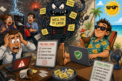 Stressed office chaos with system errors contrasts relaxed worker on beach with healthy systems and backups.