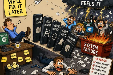 Cartoon showing domino effect from ignoring system issues causing failure and stressed workers, with note saying we'll fix it later.