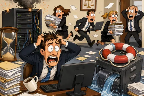 Office workers panic as servers spark fire and data leaks with overflowing water in a chaotic workspace.