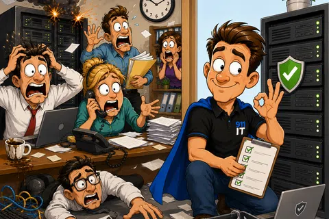 Confident IT technician fixes exploding server while stressed office workers panic in the background.