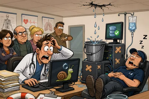 Frustrated doctor in busy office with slow computer and leaking bucket, technician asleep, concerned patients wait behind.