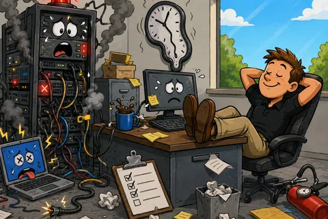 Cartoon office scene with stressed computers, smoking server, melting clock, and relaxed man ignoring chaos.