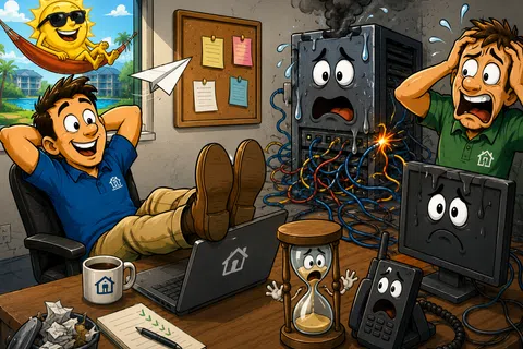 Cartoon office scene with relaxed man, stressed man, malfunctioning tech devices, and sun relaxing outside window.