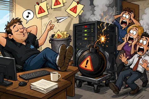 Relaxed man throws warning notes as a bomb with a lit fuse threatens a server while coworkers panic behind him.