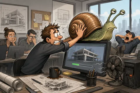 Frustrated architect struggles as a giant snail slows computer rendering a modern building design in busy office.