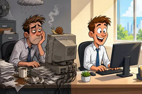 Split image of unhappy man at old cluttered desk and happy man at modern tidy workspace with a new computer.