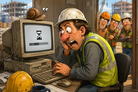 Frustrated construction worker waits by an old computer with slow loading and a snail on top at a busy site.