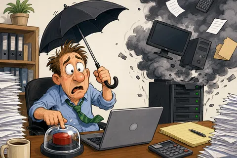 Stressed office worker presses emergency button as computer smokes and explodes with files flying around.