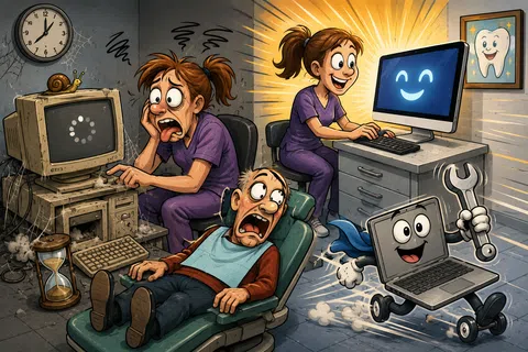 Contrast between frustrated woman with old slow computer and happy woman with fast modern computer repairing laptop.