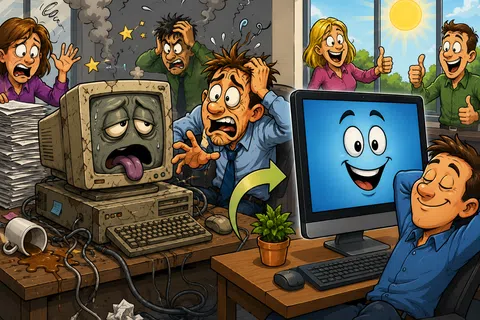 Old broken computer frustrates office workers while new happy computer brings peace and approval on sunny day.