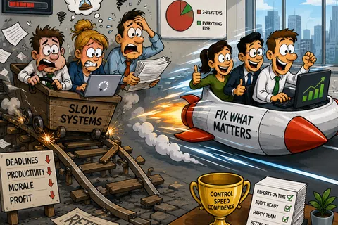 Business team on a fast rocket labeled Fix What Matters surpasses stressed team stuck on slow systems train with loading delays.