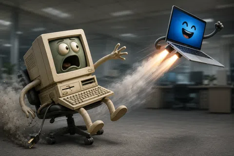 An animated vintage computer with a scared face watching a happy laptop rocket flying away in an office.