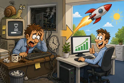 Stressed man with slow computer upgrades to happy user with fast performance and rocket ship symbolizing success.