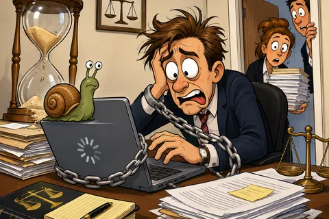 Stressed man chained to slow laptop with loading symbol, surrounded by legal documents and colleagues watching anxiously.