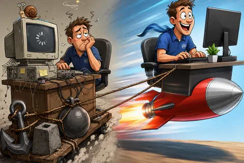 Illustration of a frustrated man stuck with an old slow computer weighed down, while the same man flies fast with a modern computer on a rocket.