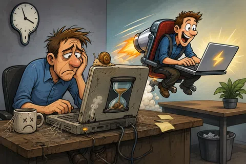 Illustration of slow and fast laptops, showing a tired man with an old laptop and a happy man flying with a jetpack and a fast laptop.