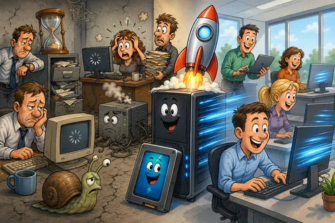 Illustration of slow outdated computers and frustrated people versus fast new computers with happy people and a rocket launch.