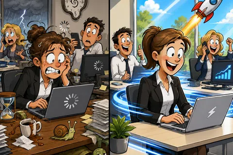 Office split scene showing stressed workers with slow tech on left and happy, efficient workers with fast tech on right.