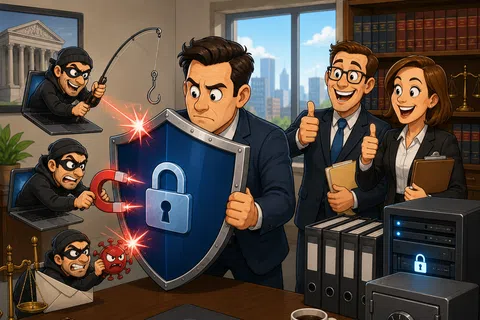 Businessman shields against hackers and malware with a shield, while colleagues applaud in a legal office setting.