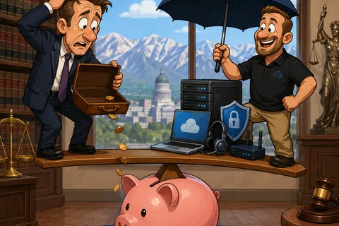 Man anxiously dropping coins into a piggy bank while another protects tech devices under an umbrella balancing on a scale.