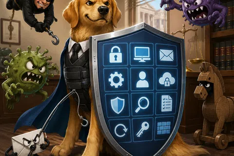 Golden retriever in armor with digital security shield protects against cyber threats and malware characters.