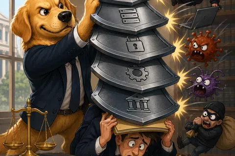 A dog in a suit shields a man with layered metal shields from hackers and viruses in an office setting.