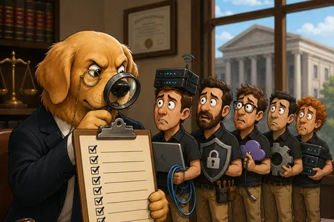 Dog detective in a suit inspects checklist with magnifying glass while network and security workers look worried in courtroom.