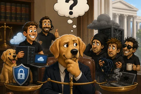 Business dog weighing cybersecurity pros and cons with happy staff and hackers on balanced scales in courtroom setting.