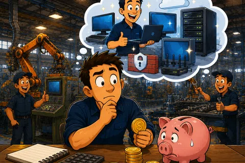 Factory worker calculating savings while dreaming of secure IT infrastructure with servers and firewalls.