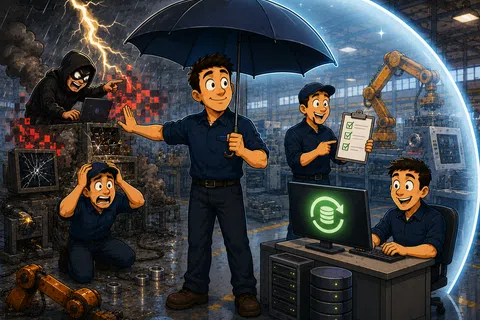 Workers protected by a shield from cyberattack chaos in a factory, with robotic arms and data backup symbol on screen.