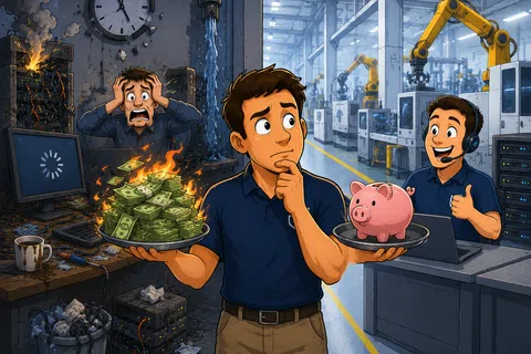 Man deciding between burning money and saving with a piggy bank in a clean vs messy factory setting.