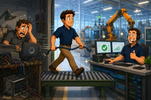 Technician confidently connects cable in factory while colleague looks worried and operator shows thumbs up at control desk.