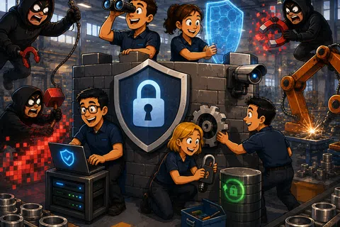 Team working together to secure factory with digital and physical cybersecurity against hackers.