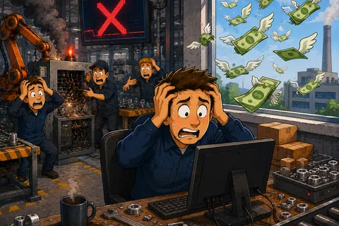 Stressed factory workers react to machine breakdown and money flying out the window with wings symbolizing lost profits.