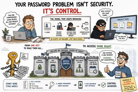 Illustration explaining password security issues and the importance of control with access control castle metaphor.