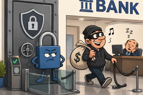 Cartoon thief sneaks out of bank with money bag while locked safe and guard stand watch, teller asleep.