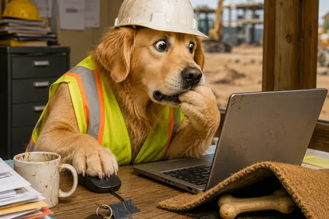 Golden retriever in construction gear anxiously working on a laptop at a cluttered desk with a bone under a doormat.