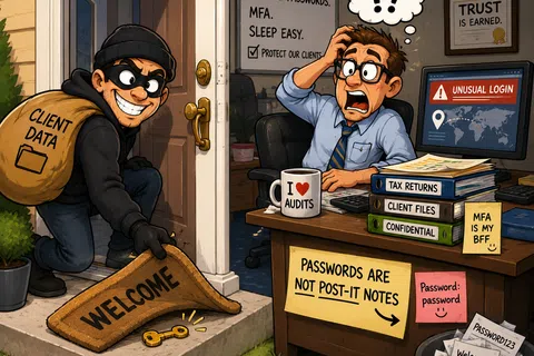 Hacker steals client data using a hidden key while an alarmed employee watches unusual login alerts in office.