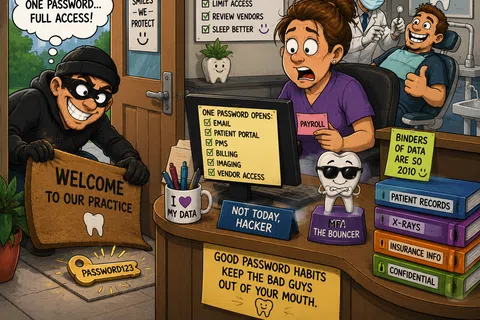Cartoon showing a hacker breaking into a dental office using a weak password while staff follow strong security plan.