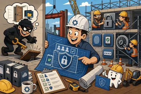 Cartoon construction site with workers building security systems and blocking a thief from accessing protected data.