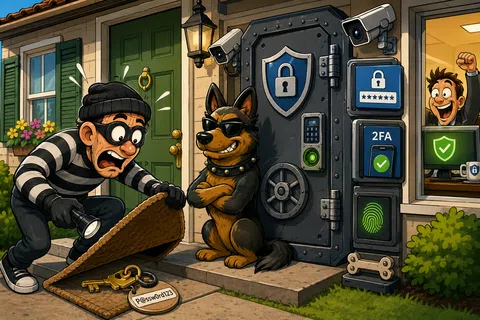 Thief finds keys and password under doormat but security dog and high-tech door stop break-in attempt.