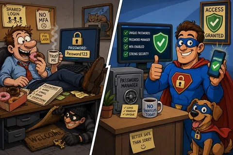 Side-by-side cartoon showing poor password habits enabling hacking vs strong password security with password manager and MFA.