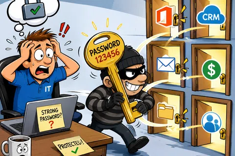 Hacker uses weak password key to unlock multiple digital service doors while stressed IT worker worries about security.