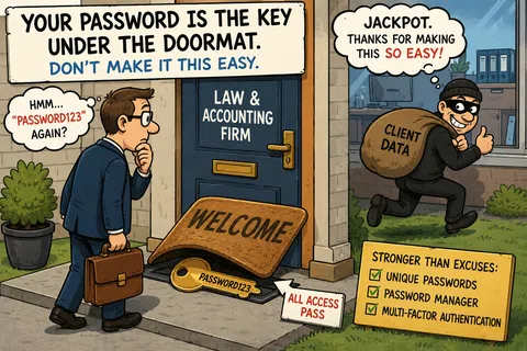 Cartoon warns against weak passwords like PASSWORD123 under doormat as thief steals client data from law firm.