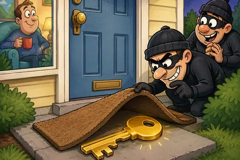 Two burglars discover a large golden key hidden under a doormat while a man relaxes inside his home.