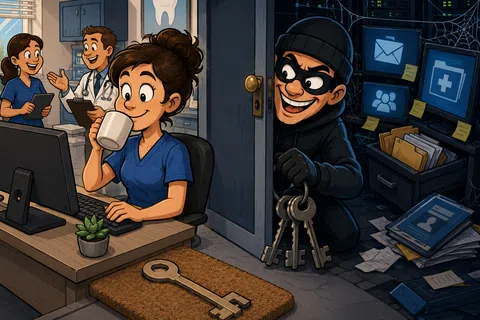 Hidden thief with keys sneaks into dental office while staff works, depicting security breach risk in healthcare.