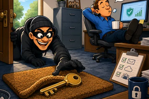 Thief sneaking into office to steal a giant key while relaxed worker sips coffee and listens to music.
