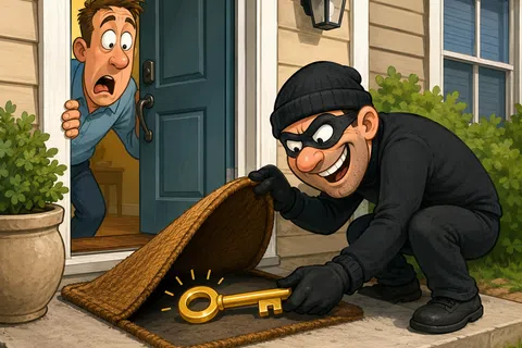 Thief in black outfit finding a glowing golden key under a doormat while a shocked man watches from the door.