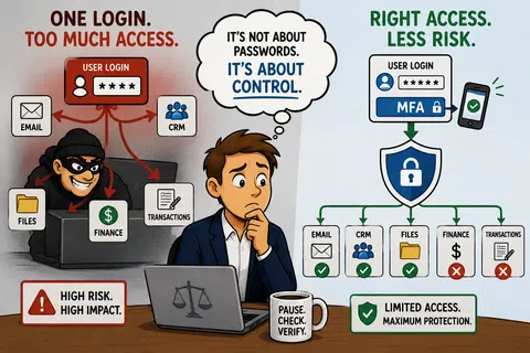 Comparison of one login with too much access versus right access with MFA for better risk control and protection.