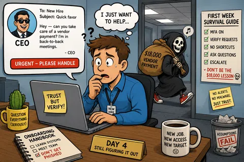 New hire struggles with a vendor payment scam while reminders warn about phishing and security best practices.
